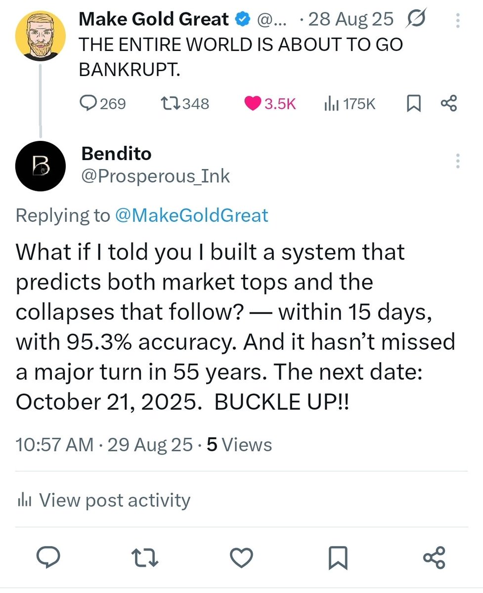 Prosperous_Ink's tweet photo. Markets don’t collapse by surprise.
They shift phases.
2020: Yellow → Red.
2025: Final rally → Oct 21 cap.
Called both.
The next window is already on the map.
Stay sharp. https://t.co/1J3XPZMapu