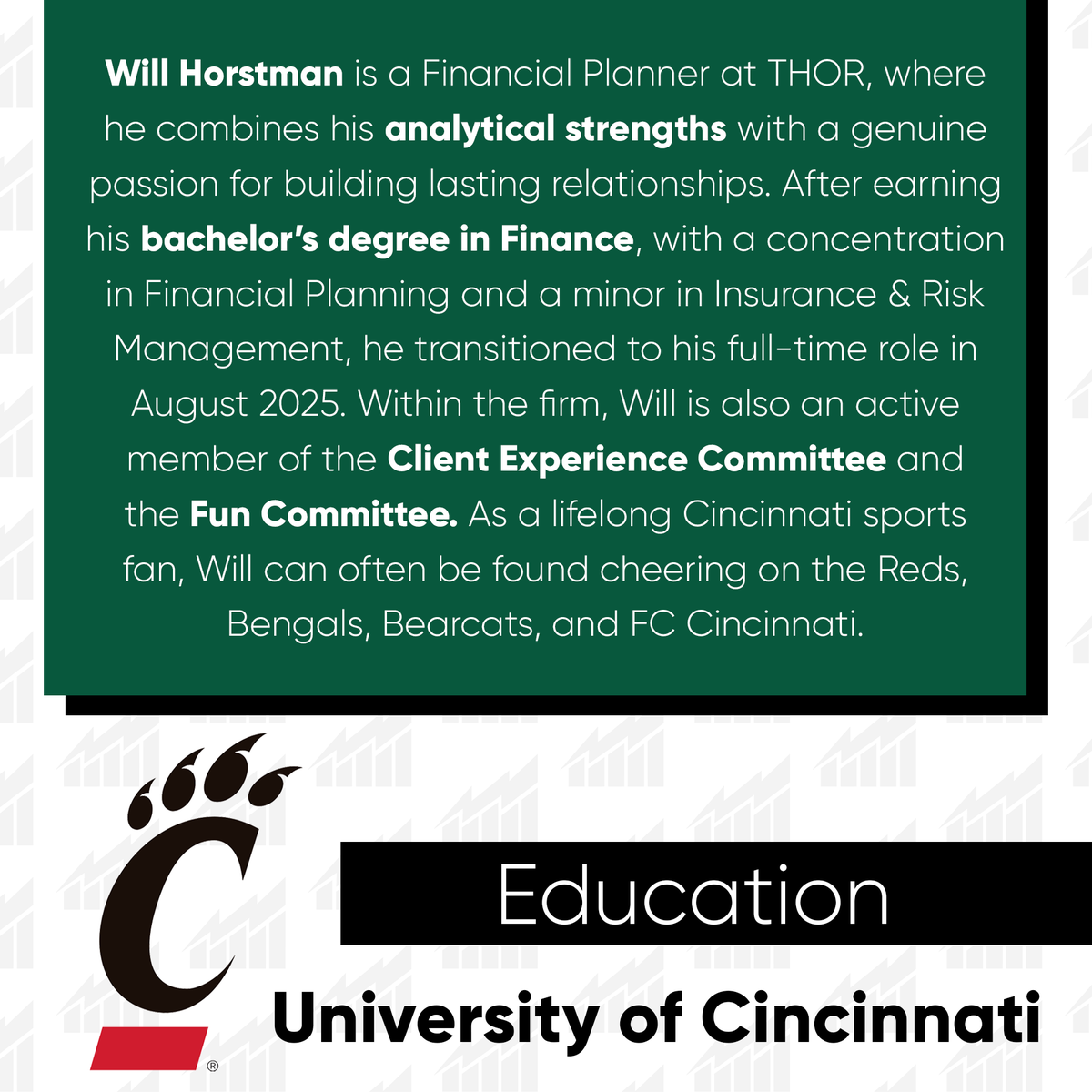Meet Will Horstman 👋

From piggy banks shaped like Reds hats to helping clients build intentional financial plans, remember Will is all about strategy with purpose. A proud University of Cincinnati grad and lifelong Cincinnati sports fan, he combines analytical strengths with a