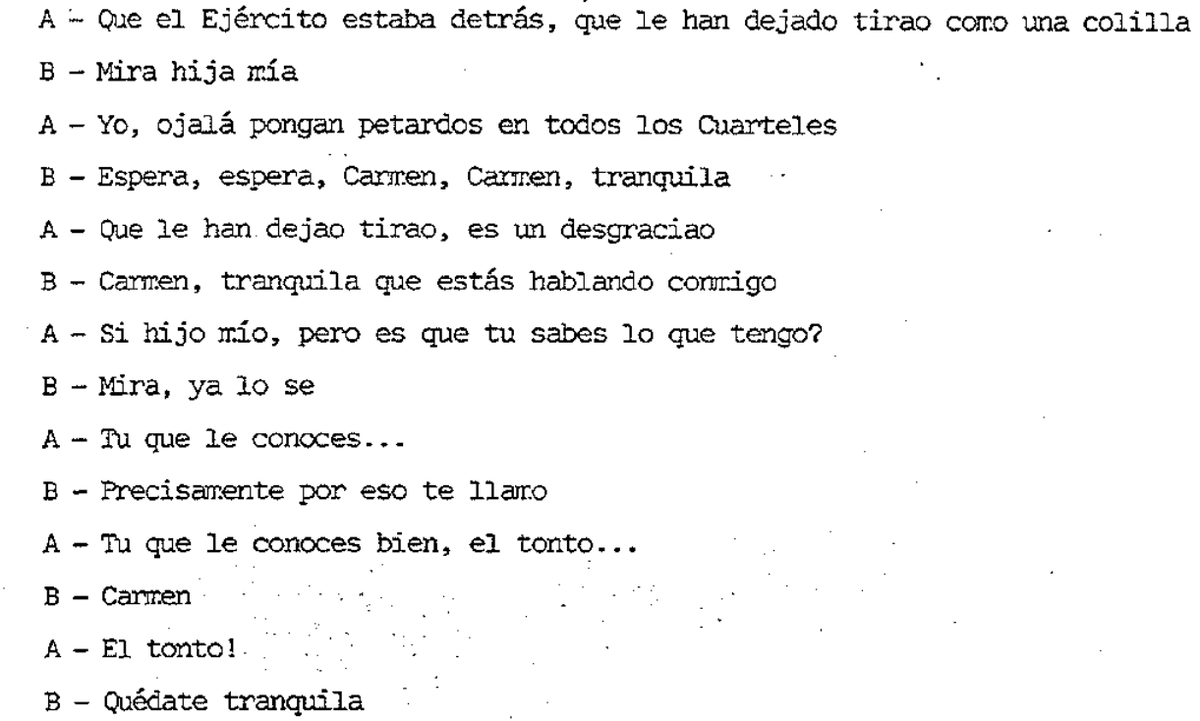 Llorando con la chinada de la mujer del Tejero cagándose los militares por haber engañado al tonto de su marido y deseando que "pongan petardos" en los cuarteles