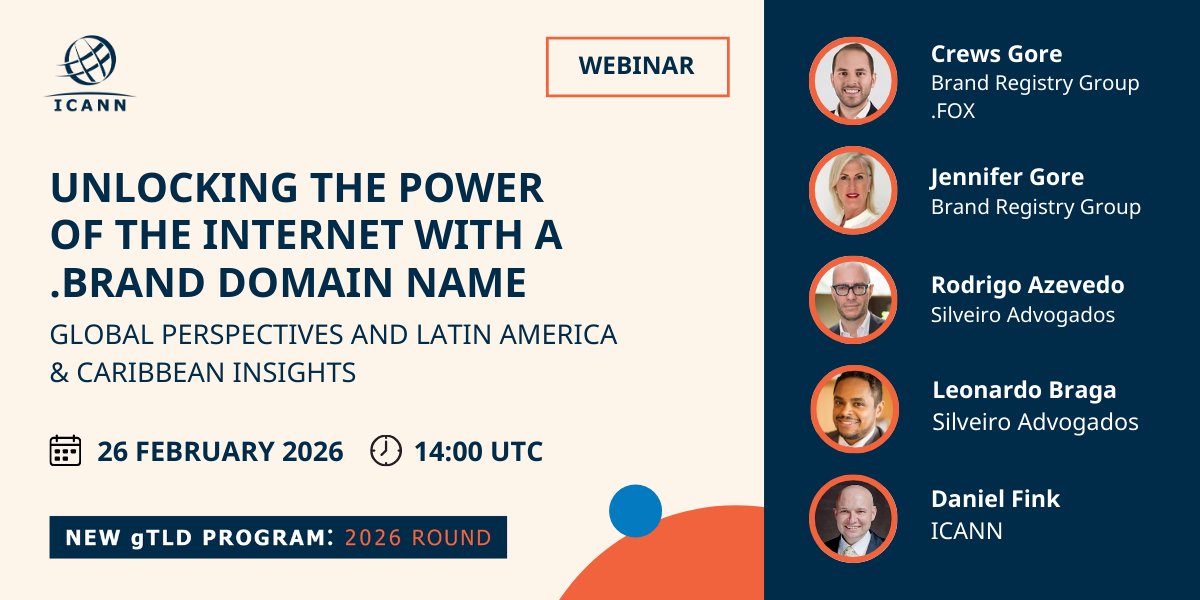 No dia 26 de fevereiro, às 14:00 UTC, a <a href="/ICANN/">ICANN</a>  realizará o webinar “Unlocking the Power of the Internet with a .Brand Domain Name”.

Veja os detalhes e inscreva-se aqui:
icann.zoom.us/meeting/regist…