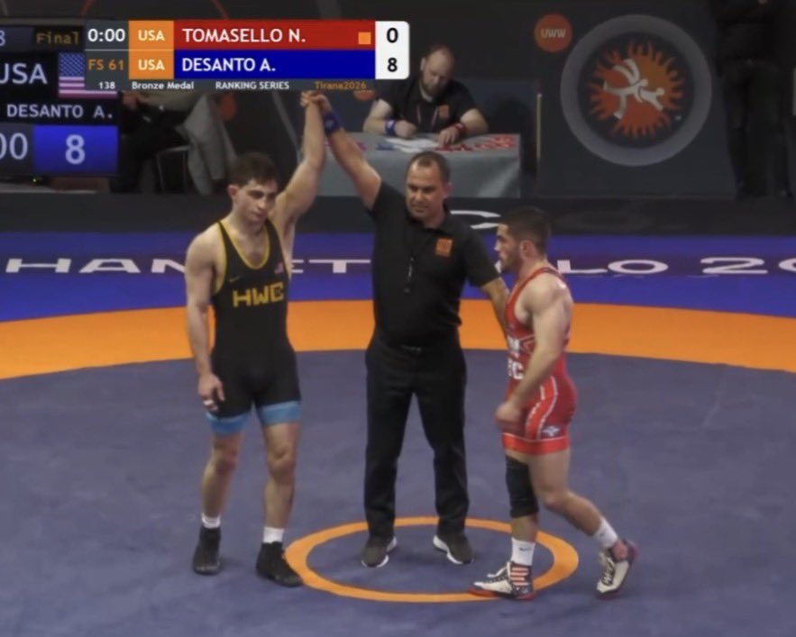 Austin DeSanto 🐤🇺🇸 WINS BRONZE 🥉at the UWW Rankings Series Tournament in Albania! 🌍🤼📈

Austin defeats Nathan Tomasello 8-0 to bring home another medal to WRESTLETOWN, USA 📍🤼🇺🇸