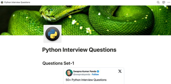 swapnakpanda's tweet photo. 3000+ Programming Interview Questions:

❯ JavaScript
https://t.co/Uq2zg0gZkU

❯ SQL
https://t.co/NlXFywoZGI

❯ Java
https://t.co/prAPr7sGMk

❯ Python
https://t.co/vErW1vAbIs

❯ DSA
https://t.co/n8bgWijke8

❯ OOPs
https://t.co/XNHtDl3PkF

❯ HTML/CSS
https://t.co/aMvZF0kD5I

❯ React
https://t.co/2CnJmAqA0l

❯ Git
https://t.co/24ZbOl8fev

❯ Practice Questions
https://t.co/FuC6Y8aChW