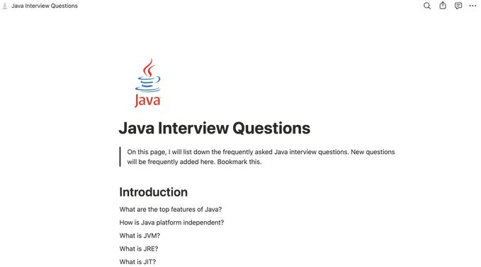 3000+ Programming Interview Questions:

❯ JavaScript
interviewquestions.notion.site/JavaScript-Int…

❯ SQL
interviewquestions.notion.site/SQL-Interview-…

❯ Java
interviewquestions.notion.site/Java-Interview…

❯ Python
interviewquestions.notion.site/Python-Intervi…

❯ DSA
interviewquestions.notion.site/DSA-Interview-…

❯ OOPs
interviewquestions.notion.site/OOPS-Interview…

❯ HTML/CSS
interviewquestions.notion.site/HTML-CSS-Inter…
