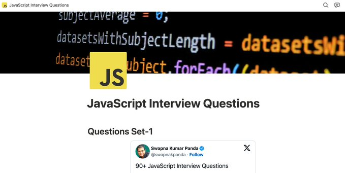 swapnakpanda's tweet photo. 3000+ Programming Interview Questions:

❯ JavaScript
https://t.co/Uq2zg0gZkU

❯ SQL
https://t.co/NlXFywoZGI

❯ Java
https://t.co/prAPr7sGMk

❯ Python
https://t.co/vErW1vAbIs

❯ DSA
https://t.co/n8bgWijke8

❯ OOPs
https://t.co/XNHtDl3PkF

❯ HTML/CSS
https://t.co/aMvZF0kD5I

❯ React
https://t.co/2CnJmAqA0l

❯ Git
https://t.co/24ZbOl8fev

❯ Practice Questions
https://t.co/FuC6Y8aChW