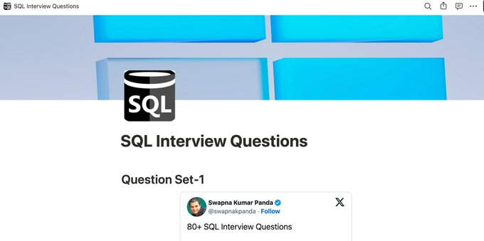 swapnakpanda's tweet photo. 3000+ Programming Interview Questions:

❯ JavaScript
https://t.co/Uq2zg0gZkU

❯ SQL
https://t.co/NlXFywoZGI

❯ Java
https://t.co/prAPr7sGMk

❯ Python
https://t.co/vErW1vAbIs

❯ DSA
https://t.co/n8bgWijke8

❯ OOPs
https://t.co/XNHtDl3PkF

❯ HTML/CSS
https://t.co/aMvZF0kD5I

❯ React
https://t.co/2CnJmAqA0l

❯ Git
https://t.co/24ZbOl8fev

❯ Practice Questions
https://t.co/FuC6Y8aChW