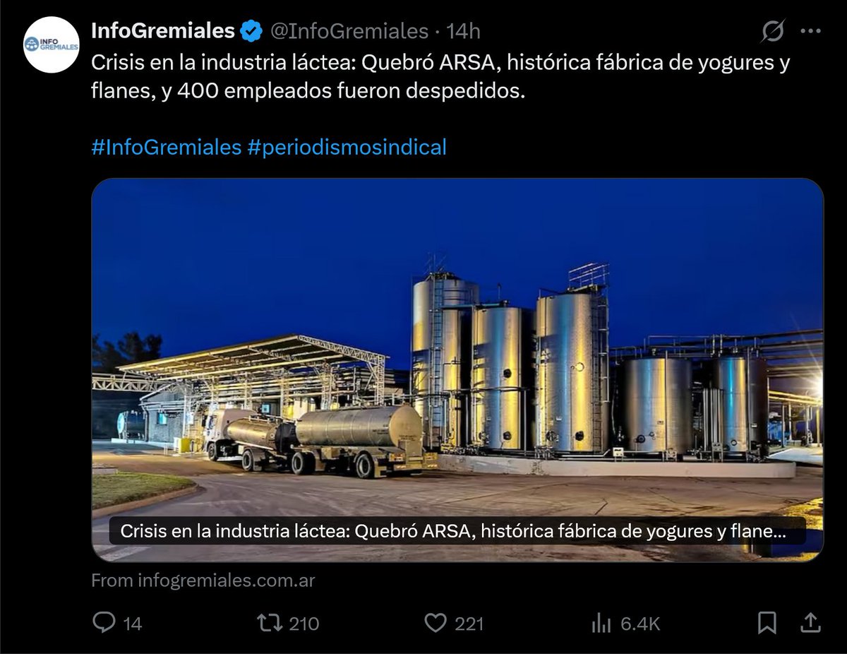❌Noticias de los últimos días en el mileinato. Fate fue solo el inicio:

-Lácteos Verónica a punto de cerrar
-Georgalos en crisis suspende y recorta salarios
-Quiebra de ARSA
-Despidos en Quilmes
-Supermercados fundidos
-Celulosa Argentina lleva 6 meses sin producir
-Toman