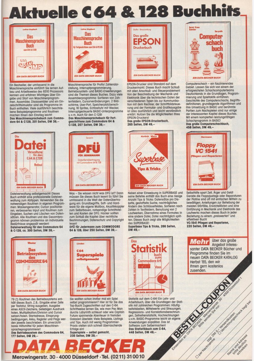 Retrojournal_de's tweet photo. Aktuelle C64 &amp; 128 Buchhits 📚💾

Data Becker lieferte das Rüstzeug für eine ganze Generation: Maschinensprache, VC 1541 reparieren, Statistik, DFÜ, Superbase, Superspiele selbst gemacht … DM 29–49 für Wissen, das Nächte gekostet –
und Karrieren gestartet hat. 😉
#DATABECKER https://t.co/ACYIdGkgOD