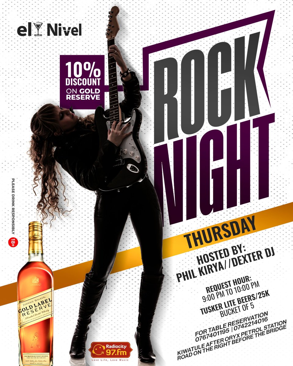 Thursday nights just got louder! Come through to El Nivel for Rock Night hosted by Phil Kirya and Dexter DJ. Don't miss the request hour from 9:00 PM to 10:00 PM! 
​
Grab your crew and head to Kiwatule, we’ve got 10% off Gold Label Reserve and Tusker Lite buckets (5 for 25k)...