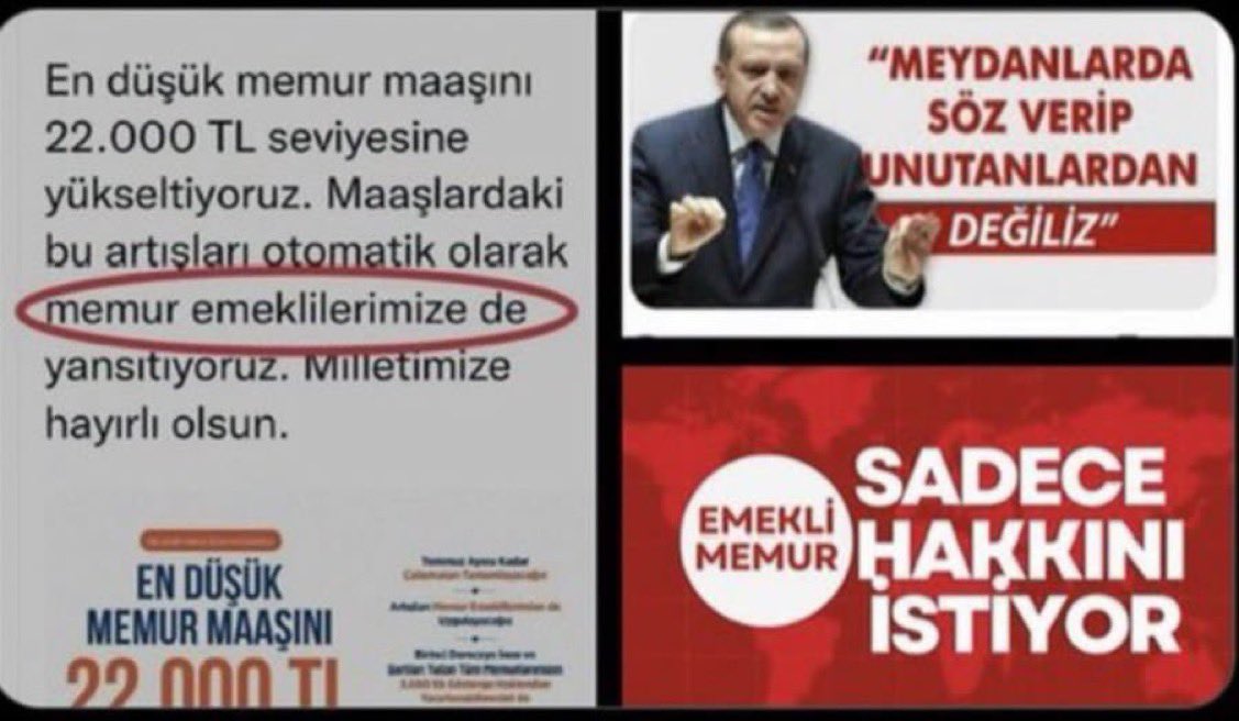 <a href="/RTErdogan/">Recep Tayyip Erdoğan</a> Devletin sözü havada kalmamalı❗️YASAL hakkımız olan Cumhurbaşkanının SÖZ vermesine rağmen 33 AYDIR seyyanen hakkımız verilmedi.KHK 375/40  ile engellenen hakkımızı istiyoruz.
#EmekliMemur #MemurEmeklisineAdalet
<a href="/_cevdetyilmaz/">Cevdet Yılmaz</a> 
<a href="/isikhanvedat/">Prof. Dr. Vedat Işıkhan</a> 
<a href="/memetsimsek/">Mehmet Simsek</a> 
<a href="/Akparti/">AK Parti</a>
<a href="/MHP_Bilgi/">MHP</a>