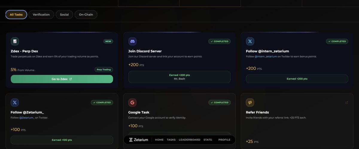 Zetarium made a post few hours ago that it Just submitted a request to List Zetarium(ZET) on coingecko!

Request ID: (CL2502260015)
Token soon!

A quick reminder.
The season 2 points farming is still currently on.

Do not forget to run your daily GM!

And complete other Tasks!