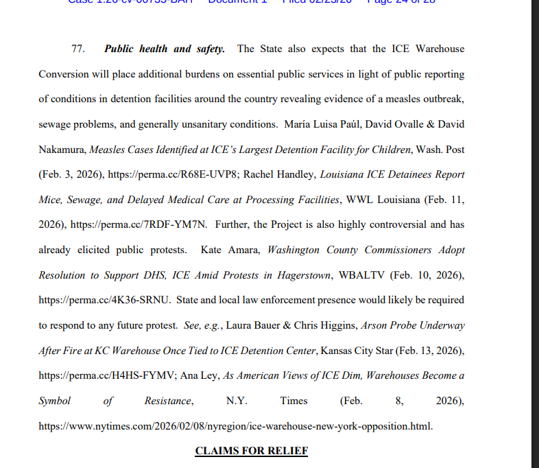 Maryland has filed suit vs Kristi Noem to block immigration facility from be located in state

Suit: "ICE Warehouse Conversion will place additional burdens on essential public services in light of public reporting of conditions in detention facilities around the country