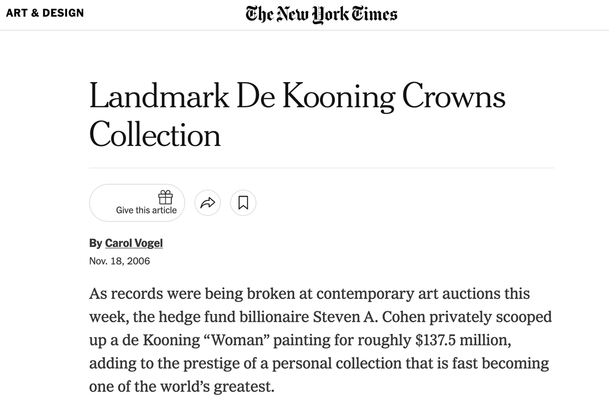 CozomoMedici's tweet photo. Woman III is a series of 6. And this version is the only remaining one in private hands.

And now Geffen had it, crowning his already great collection.

Geffen known for his extraordinary market timing, sells the work 12 years later to Steve Cohen... who buys it for a sum of $137.5m.