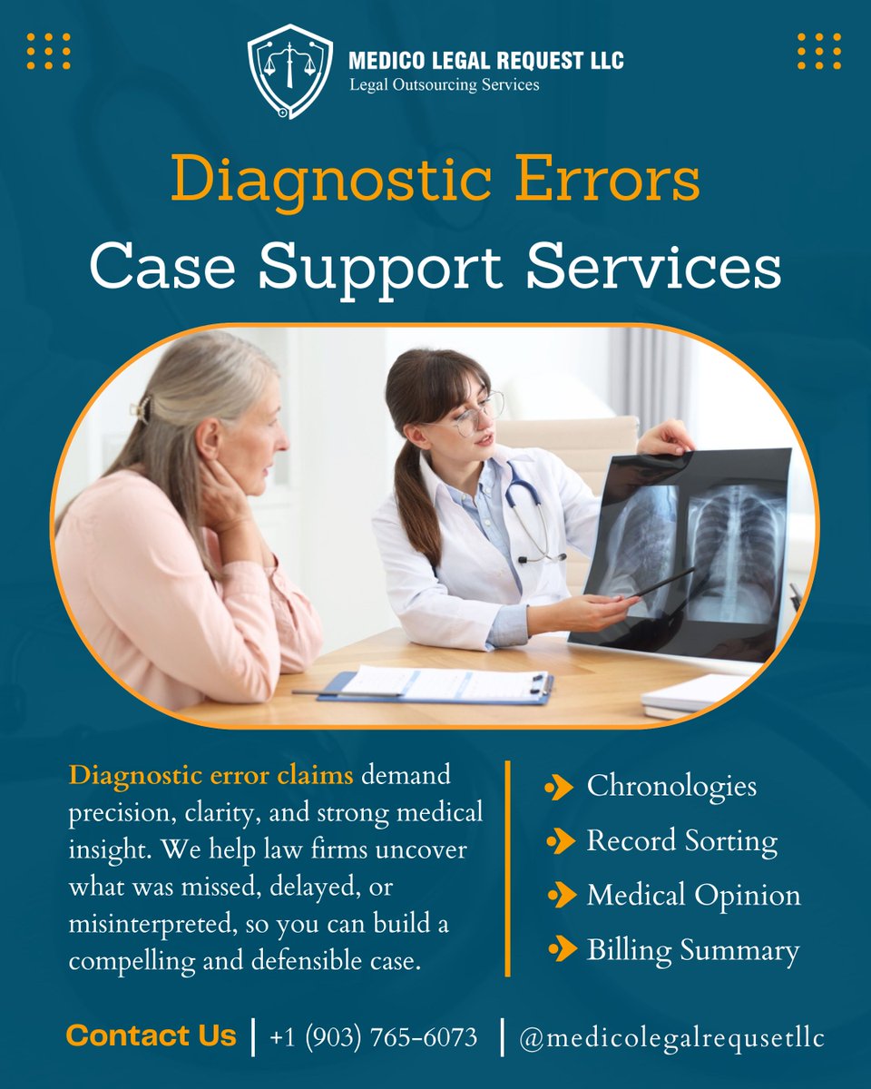 MedicoLlc's tweet image. Diagnostic error cases are complex and require meticulous documentation. We provide structured, litigation-ready medical #summaries📝 that help #malpractice firms clearly demonstrate deviation from the standard of care and resulting harm.

🌐 medicolegalrequestllc.com/expertise/medi…