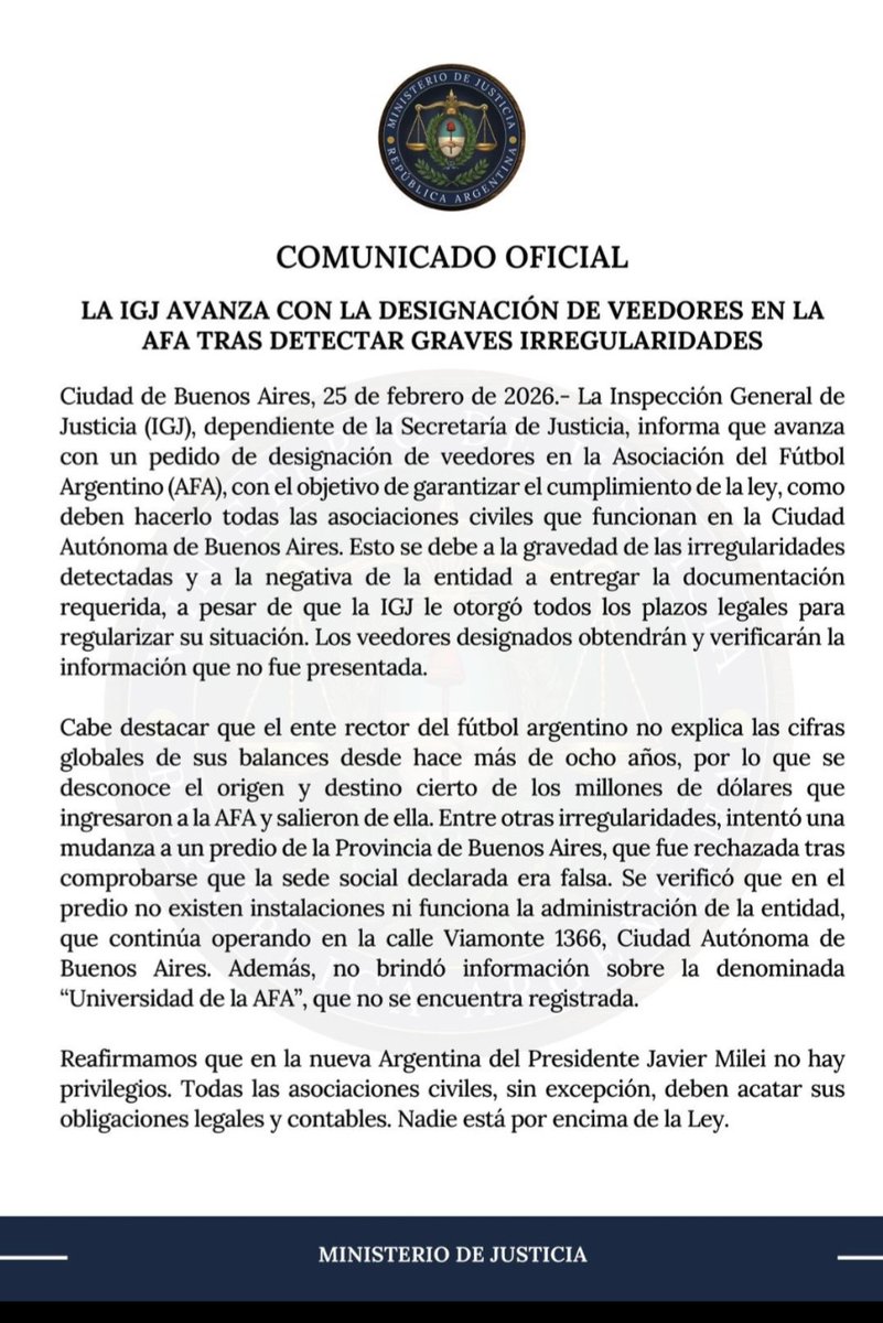 🚨 BOMBA EN Viamonte 🚨

La IGJ avanza con la designación de veedores en la AFA tras detectar graves irregularidades 📑⚖️

Según informan:
🔎 Balances sin explicar hace más de 8 años
💰 Millones sin origen ni destino claro
🏢 Sede cuestionada
🎓 “Universidad” no registrada

El