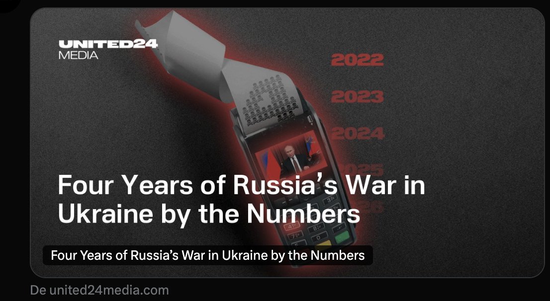 🇺🇦Rapports de 4 années de guerre russe en Ukraine en chiffres
*Crimes de guerre *Civils *Enfants tués, blessés, kidnappés *Prisonniers *Journalistes *Infrastructures *Patrimoine *Environnement
*Pertes russes pour gains territoriaux minimes
#StandWithUkraine