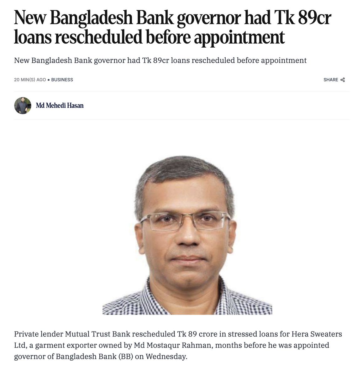 TheDavidBergman's tweet photo. This is a terrible terrible blunder by the new Bangladesh government. 

First, an industrialist as governor of the country's Central Bank. 

Secondly, one with rescheduled loans. 

And thirdly, someone who was a member of the governing party's election steering committee.

An end to anything like an independent Bangladesh Bank. And we are not even looking at qualifications and experience ....

(89 crore taka is just over $7 million)
https://t.co/DNmoDpnCLb
