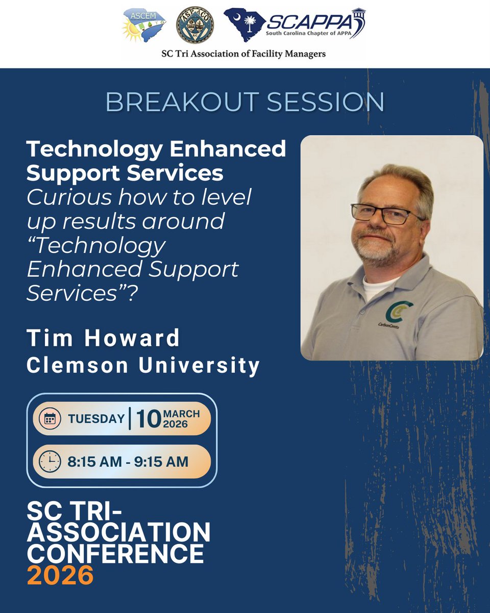 theSRAPPA's tweet photo. Breakout Session: Technology Enhanced Support Services. Facilities Leadership, join us at SC Tri Association Conference 2026 - Register Today March 8-11: https://t.co/zgs9StYrPu https://t.co/AkNpc0Aurz
