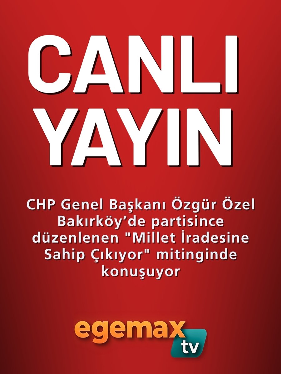CHP Genel Başkanı Özgür Özel Bakırköy’de partisince düzenlenen "Millet İradesine Sahip Çıkıyor" mitinginde konuşuyor.

CANLI YAYIN
youtube.com/live/gtUyDpEnK…

Egemax TV izleyin, haberiniz olsun!

#özgürözel #miting #Bakirkoy