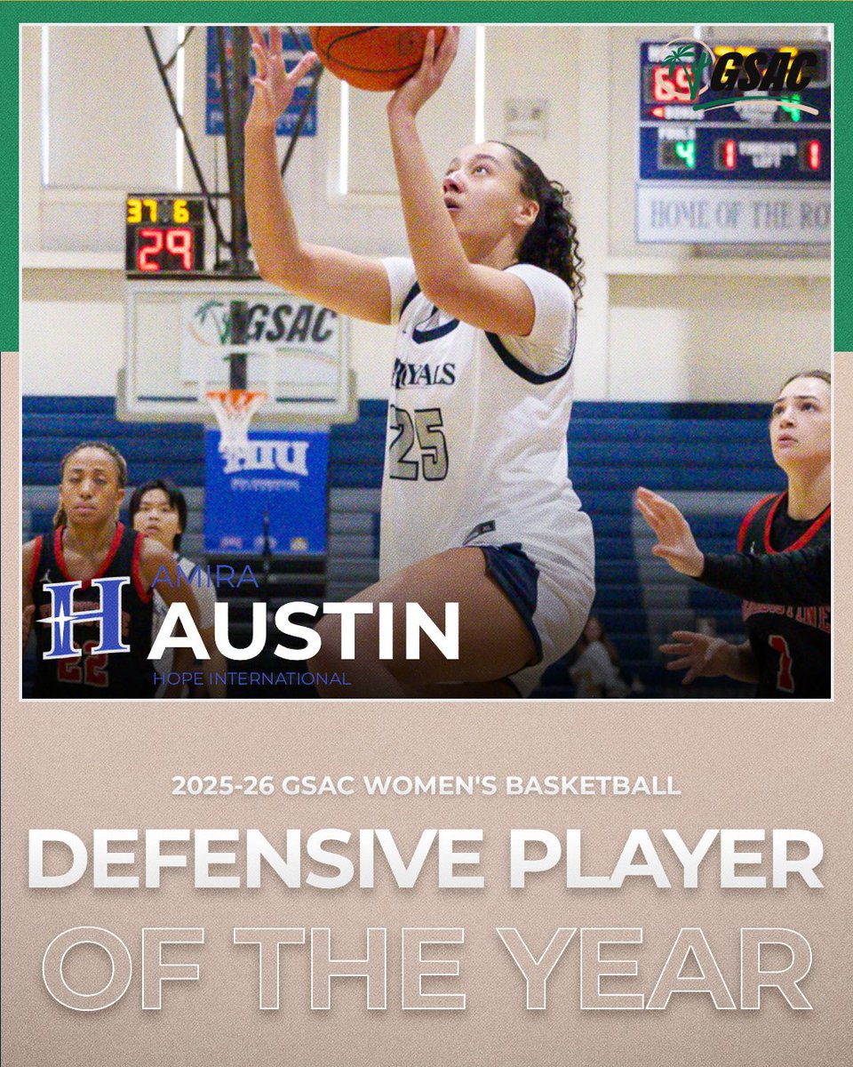 gsacsports's tweet photo. The conference’s top defensive presence, shared by two standouts.
Amira Austin (Hope International) and Alli VanKooten (The Master's) are the 2025-26 GSAC Co-Defensive Players of the Year. 🏀
#GSAChoops https://t.co/1dK9BjKbFW