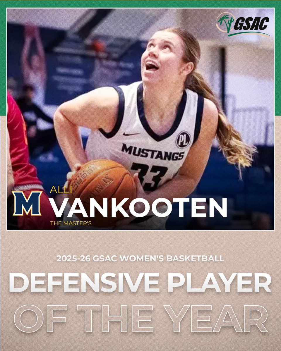 gsacsports's tweet photo. The conference’s top defensive presence, shared by two standouts.
Amira Austin (Hope International) and Alli VanKooten (The Master's) are the 2025-26 GSAC Co-Defensive Players of the Year. 🏀
#GSAChoops https://t.co/1dK9BjKbFW