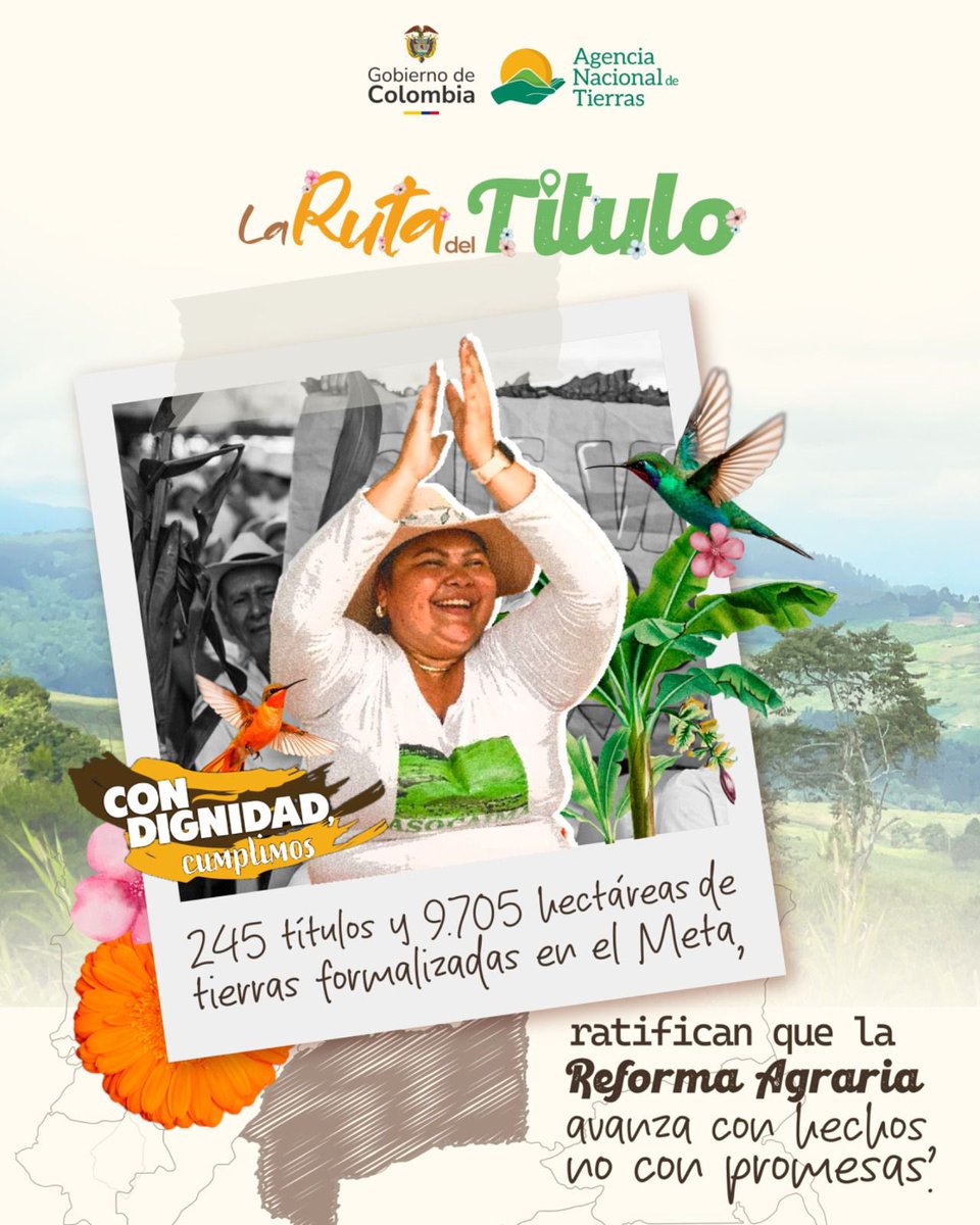 Gracias a la Ruta del Título, familias campesinas en La Macarena, Puerto Rico, Fuentedeoro y Vista Hermosa en el Meta, reciben seguridad jurídica sobre su tierra.

Son títulos y hectáreas de tierra que les devuelven la dignidad. #ConDignidadCumplimos