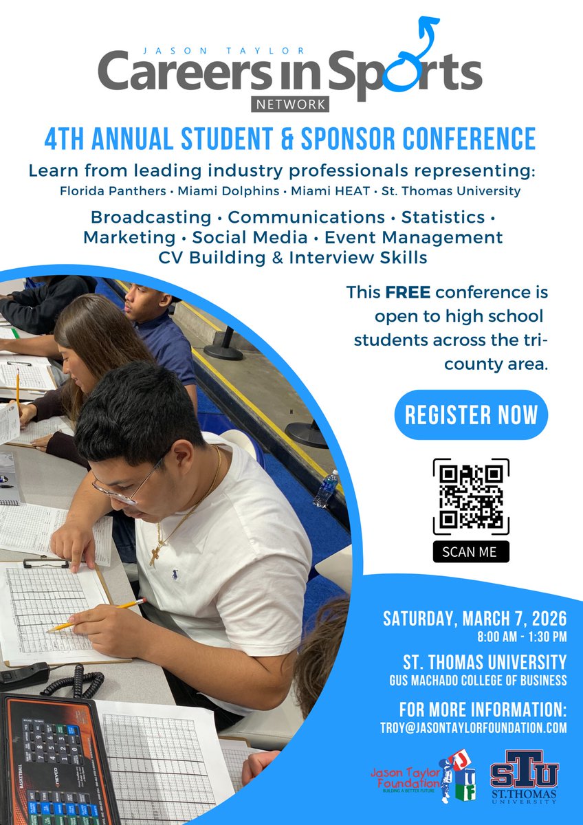 JTFoundation99's tweet photo. Attention South Florida High School students interested in working in the sports industry: you still have time to register for our Careers in Sports Conference which takes place on Sat., 3/7 at @StThomasUniv. Register here:

https://t.co/BxioCJz8fQ https://t.co/r36gb80rnN
