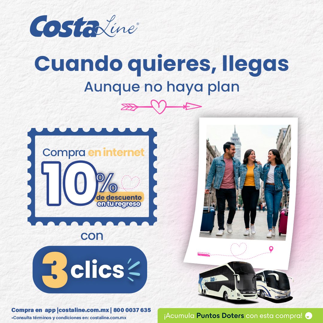 🌹✨ Viaja sin prisa y con descuento.
Tú eliges el destino, Costa Line el trayecto.
Compra en 3 clics y ahorra 10% en tu viaje de regreso 💙

📲 costaline.com.mx | App Costa Line #AnticipaTuViaje