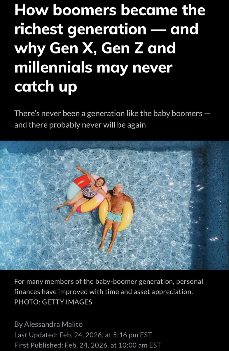 Pure doom slop, 0.1% of the new generation will amass more wealth than all the boomers, bearish on Gen X but super bullish on late millennials and Gen Z. Gate keeping is dying free markets are being made daily, and boomers going to die out.