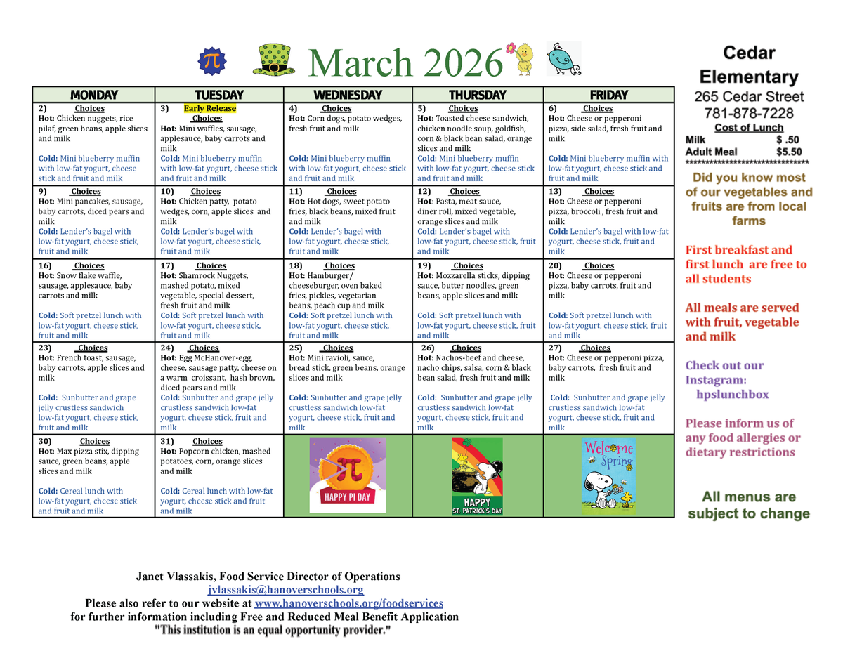 hpsma's tweet photo. Explore the Hanover Public Schools lunch menus for March 2026. Look at your school's offerings and discover delightful options for a satisfying meal! Bon appétit! 🍎🥗🍗🥦

For additional information, visit https://t.co/glcgu8QtXW https://t.co/L7LgGrUuFz