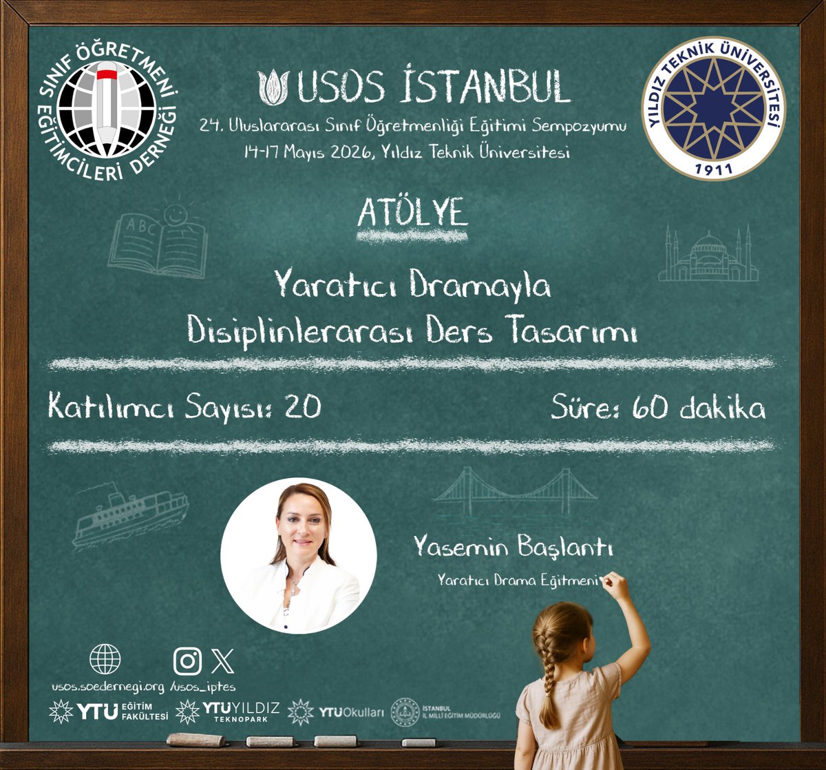 USOS_IPTES's tweet photo. 📣 USOS İstanbul | Atölye

“Yaratıcı Dramaya Disiplinlerarası Ders Tasarımı” 

👩‍🏫 Yasemin Başlantı
Yaratıcı Drama Eğitmeni

⏱ Süre: 60 dakika
👥 Katılımcı sayısı: 20

#USOSİstanbul #USOS2026 #SınıfÖğretmenliği #EğitimdeLiderYTÜ #SÖEDER https://t.co/UnUluY74Mp