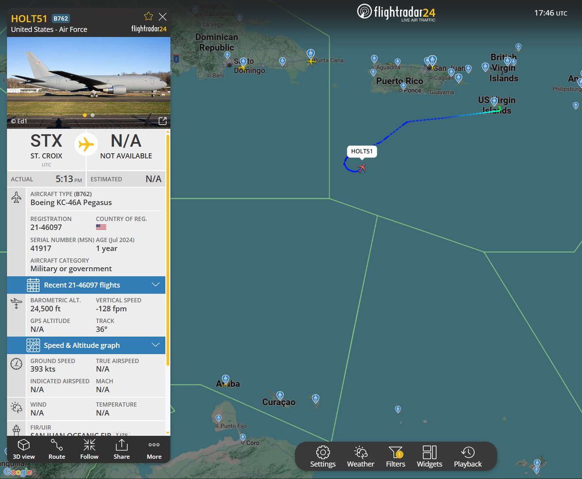 Flightwatcher1's tweet image. #USAF KC-46A Pegasus
Código de llamada: HOLT51
Matricula: 21-46097
Hex: #ae63cd
Desde St Croix🇻🇮 en una nueva misión de reabastecimiento en vuelo al sur de Puerto Rico🇵🇷
#USVI #SOUTHCOM #OpSouthernSpear