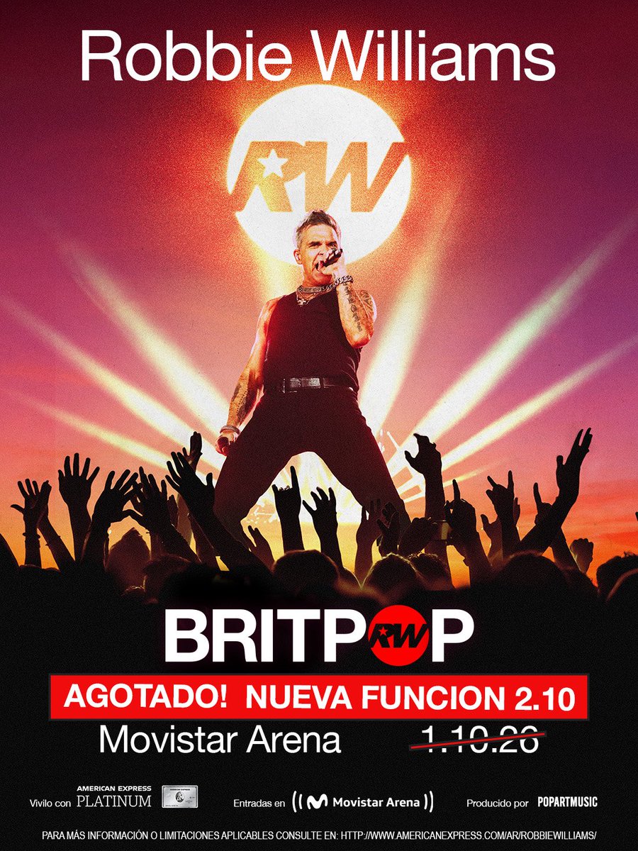 ArgentinaShows's tweet photo. 📣 El primer show de #RobbieWilliams ya se agotó y se suma una segunda fecha para el 2 de Octubre.

💳 Preventa American Express Platinum: mañana, 26 de Febrero a las 12:30 del mediodia

🎫 Una vez agotada la preventa se habilita la venta general https://t.co/FWPMvfmurV