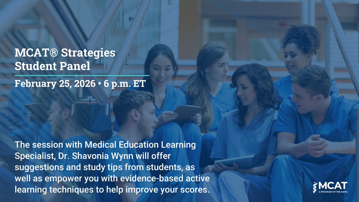 AAMC_MCAT's tweet image. Taking the #MCAT exam? Join the AAMC, Dr. Shavonia Wynn, and a student panel today at 6 pm ET to start your preparation. We'll share crucial aspects of effective MCAT preparation, including evidence-based active learning techniques and more. 

Register: bit.ly/49IYU61