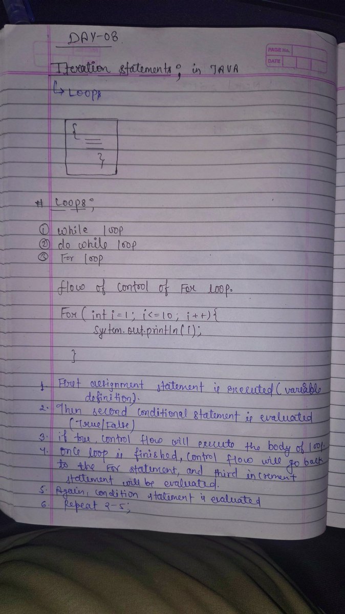 ManishSain44599's tweet photo. Day 08 ✅
Today I continue the learning of Flow of control to next label 
By Iteration statement
1 while loop 
https://t.co/KLWNS7QnIO while loop
3.for loop
Jump statement 
1.Break 
2.Continue
@rohit_negi9 #javabackend https://t.co/Omey7nPye5