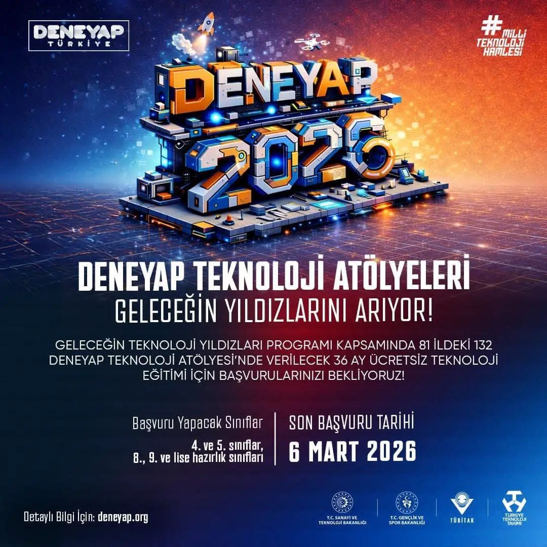 📣 #DENEYAP Teknoloji Atölyeleri #GeleceğinTeknolojiYıldızları'nı Arıyor! 💫

📍81 İl 
🏠132 DENEYAP Teknoloji Atölyesi 
🗓 36 Ay Ücretsiz Eğitim

"Teknoloji Geliştiren Bir Türkiye Hedefinde" Geleceğin Teknoloji Yıldızı Sen Ol!🌟

👉🏻 Başvuru ve bilgi için: deneyap.org