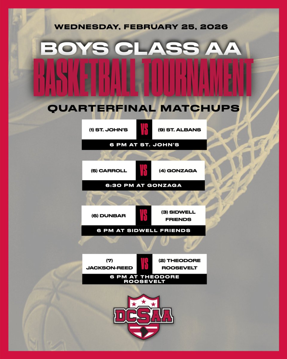 DCSAASports's tweet photo. St. Albans, Carroll, Dunbar, and Jackson-Reed advance after a strong first round round and now compete with a semifinal spot on the line.
The road to the DCSAA title continues.
#DCSAA #ClassAA #DCSports #StateChampionship #BoysBasketball #ClassAABoys https://t.co/fF4XcQRpux
