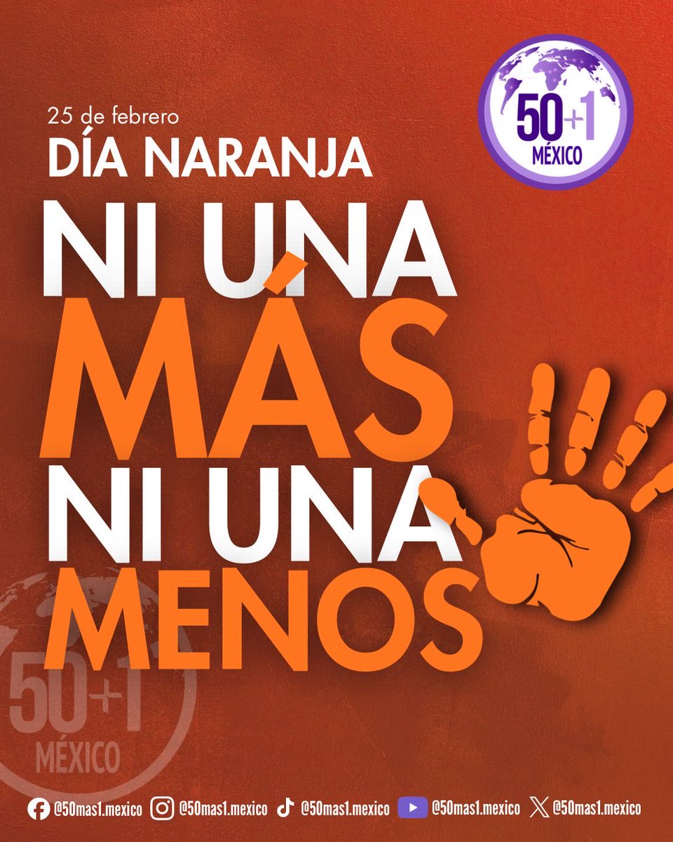 50mas1mexico's tweet photo. Ni una más. Ni una menos.
Este #DíaNaranja alzamos la voz por una vida libre de violencia para todas las mujeres.
Vivir sin miedo es un derecho. #NiUnaMás #NiUnaMenos #AltoALaViolencia #50Más1México https://t.co/HpUBAbD3x9