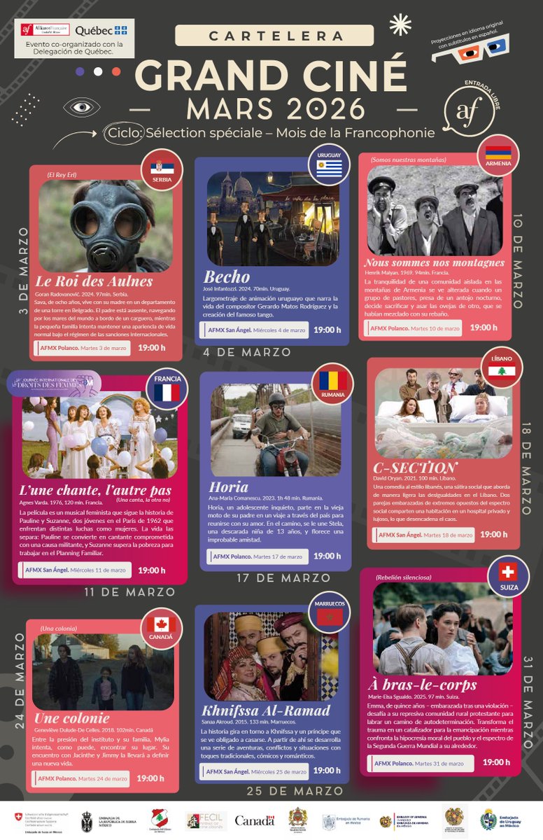 La Embajada de Serbia 🇷🇸 en México 🇲🇽 se une a la celebración del Mes de la Francofonía, presentándose con la película 📽️"Le roi des aulnes", en el marco del Ciclo de Cine Francófono. Les invitamos a todas y todos para disfrutar juntos de esta hermosa película.
📆 3 de marzo de
