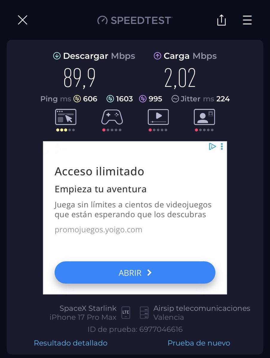 Algunas comparativas de velocidad entre Starlink (sin ajustar la antena y dentro del coche) comparado con la cobertura móvil: