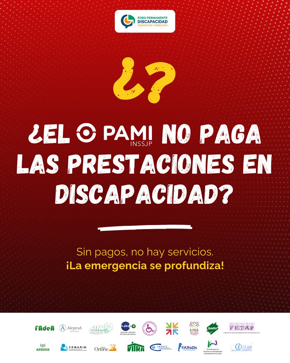 ❓ ¿El <a href="/PAMI_org_ar/">PAMI - INSSJP</a> se suma a la asfixia del sistema de discapacidad?

🚩 El último pago recibido corresponde a noviembre de 2025.

⚠️ La situación es crítica:
– El lunes 2 de marzo hay que pagar sueldos.
– Muchas instituciones dependen de los pagos de PAMI y de Incluir Salud.