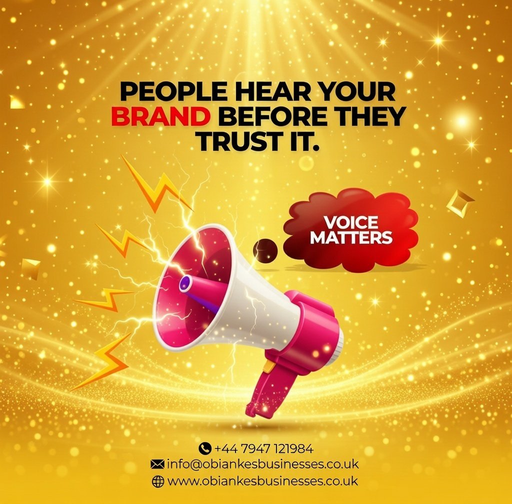 📣 People Hear Your Brand Before They Trust It
Your brand’s voice is your first impression — make it strong, clear, and unforgettable.
At Obiankes Businesses, we help you amplify your message so the right audience hears you and chooses you.
🔊 
📞 +44 7947 121984