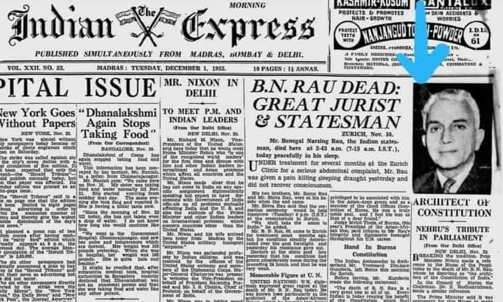 1st Dec 1953, Indian Express Newspaper published the news of death of BN Rau👇
The paper mentioned BN Rau as 
"Architect of Constitution".
Jawaharlal Nehru gave a tribute to BN Rau, in the parliament, calling him the
"Architect of Constitution of India"
#संविधान_निर्माता_BN_राव