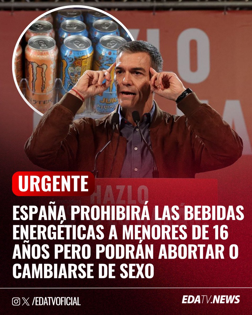 ‼️🇪🇸 | #INSOLITO El Gobierno de España prohibirá la venta de bebidas energéticas a menores de 16 años. Con esta nueva medida podrán abortar o cambiarse de sexo, pero no tomar bebidas con determinado nivel de cafeína.
