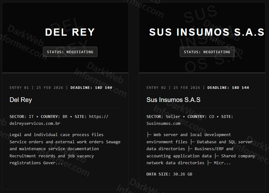 DarkWebInformer's tweet photo. ‼️ VECT Ransomware Claims 2 Victims

🇧🇷 Del Rey
Ransom: Negotiating

🇨🇴 Sus Insumos S.A.S
Ransom: Negotiating https://t.co/BkMjS0pvKT