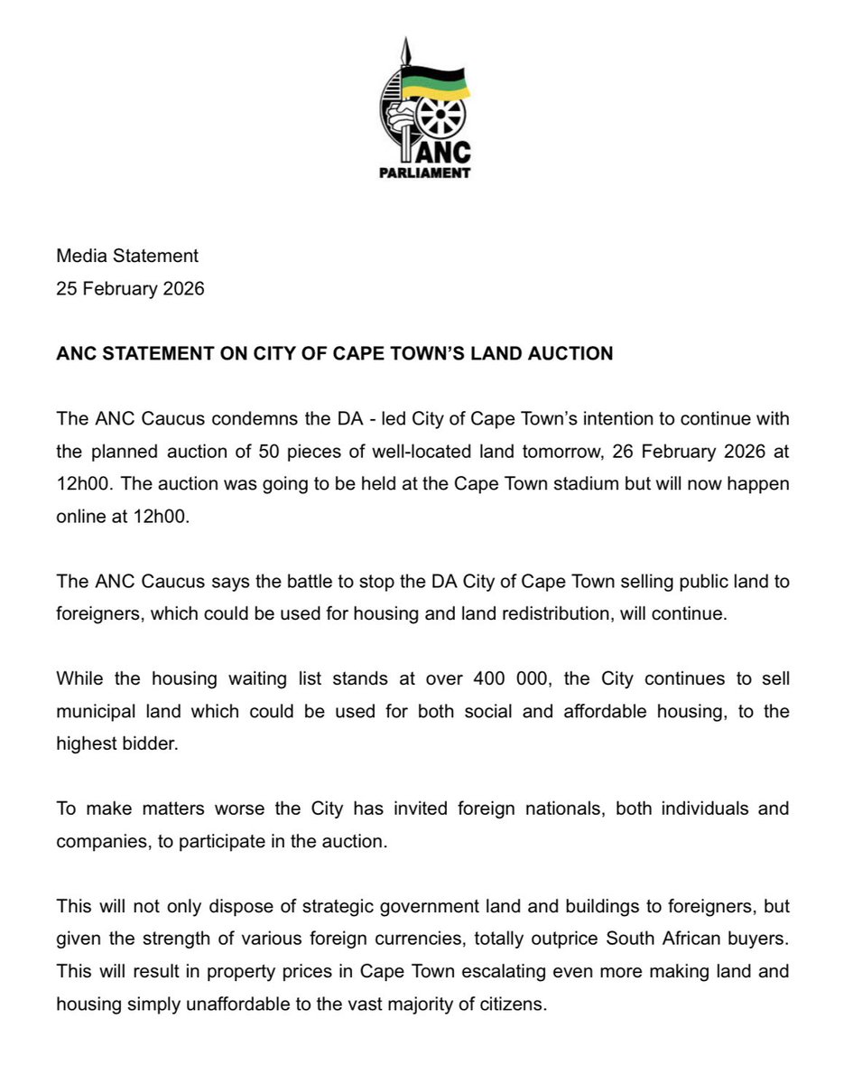 ANC STATEMENT ON CITY OF CAPE TOWN’S LAND AUCTION