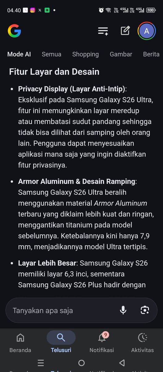 Arulsty05's tweet photo. @detikcom @samsungID Fitur terbaru di Galaxy S26 Series menurut hasil pencarianku ada Privacy Display (Layar Anti-Intip) yang bisa membatasi sudut pandang layar 🔐✨
#GalaxyS26 #detikcomxSamsung #YouAndAICan #GalaxyAI https://t.co/RiHaLvQm90