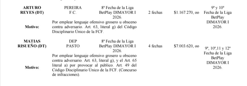 El técnico del <a href="/DeporPasto/">Deportivo Pasto</a> <a href="/jonathanrisu/">Jonathan Risueño</a> fue castigado con 4 fechas de sanción por <a href="/Dimayor/">DIMAYOR</a> tran los incidentes en el juego ante Deportivo Pereira. Deberá pagar una multa de $7'003.620. El técnico del Pereira Arturo Reyes recibió una sanción de dos fechas y a pagar $1'167.270.