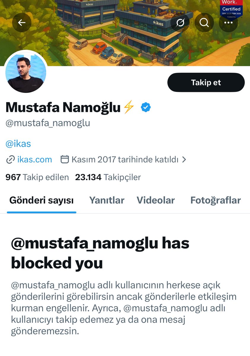 Spamciler bi de utanmadan beni engellemişler. Nasıl bi terbiyesizliktir bu! 

Şikayet edeyim sizi bakanlığa da görün. İzinsiz mesaj atmak neymiş görün

<a href="/IKas/">ikas</a> <a href="/ikasturkiye/">ikas</a> <a href="/mustafa_namoglu/">Mustafa Namoğlu⚡️</a>