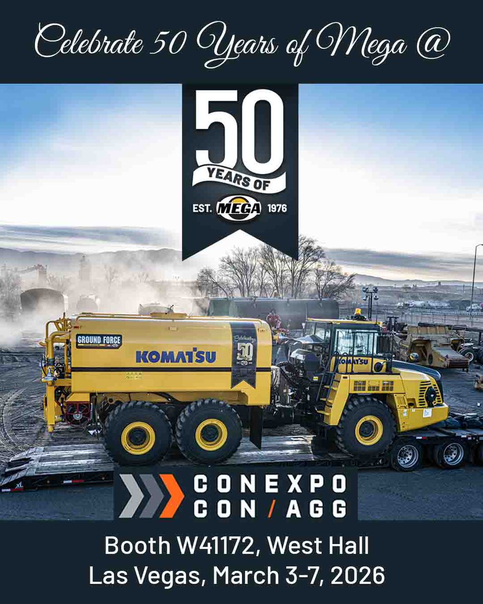 MegaCorpWW's tweet photo. This year is more than a milestone. Join us at ConExpo 2026 as we celebrate 50 years of Mega and an exciting new chapter alongside Ground Force.

Two great teams. One great force.

Visit us at Booth W41172 in the West Hall to see what’s next.
#CONEXPOCONAGG  #ConExpo2026 https://t.co/AcIkfgUN3o