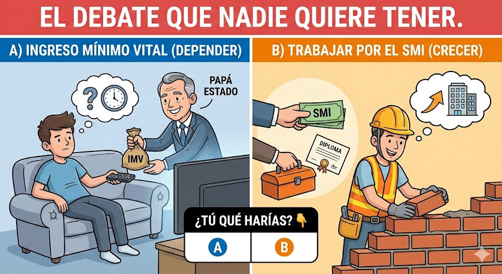 LA TRAMPA DE LA COMODIDAD

Eres un joven español y tienes que elegir tu estrategia de vida:

🅰️ Ingreso Mínimo: Dinero fijo, pero estancamiento laboral.

🅱️ SMI: Menos comodidad, pero ganas experiencia.

No juzgo, pero depender de "papá Estado" apaga tu hambre y frena tu